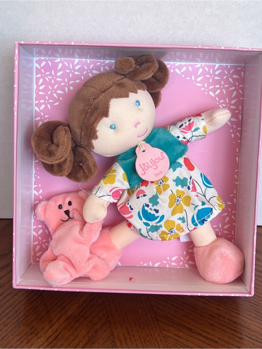 Jolijou My First Doll Green Pink Teddy Bear Brunette Ponytails Flower Dress 7"
